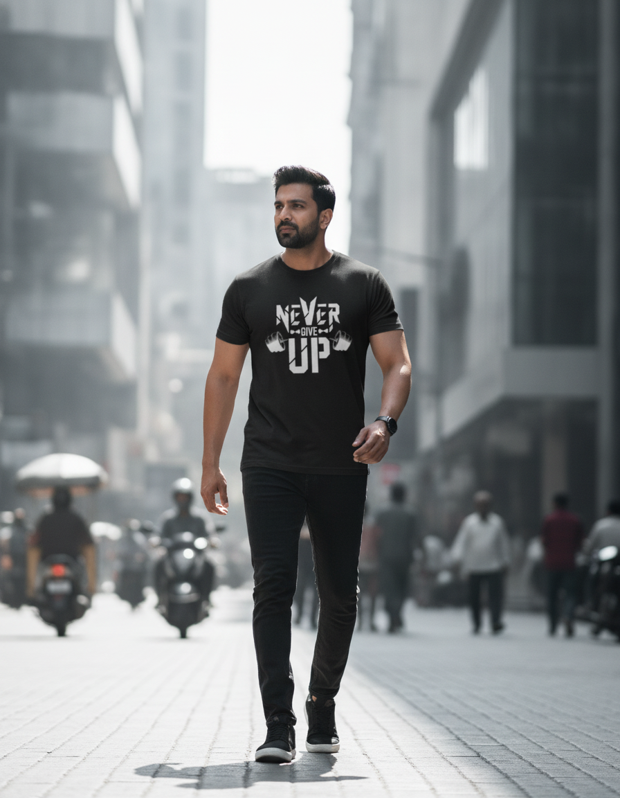 South Asian man in a charcoal t-shirt walking confidently on a modern Indian city street during the day.
